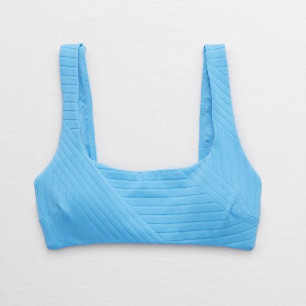 Aerie XO Ribbed Wide Strap Scoop Bikini Top XS Light Blue Removable Pads